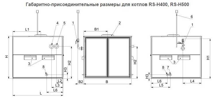 Габаритно-присоединительные размеры для котлов RS-H400, RS-H500