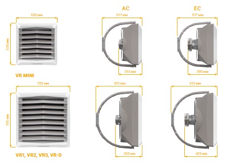Габариты тепловентиляторов Волкано